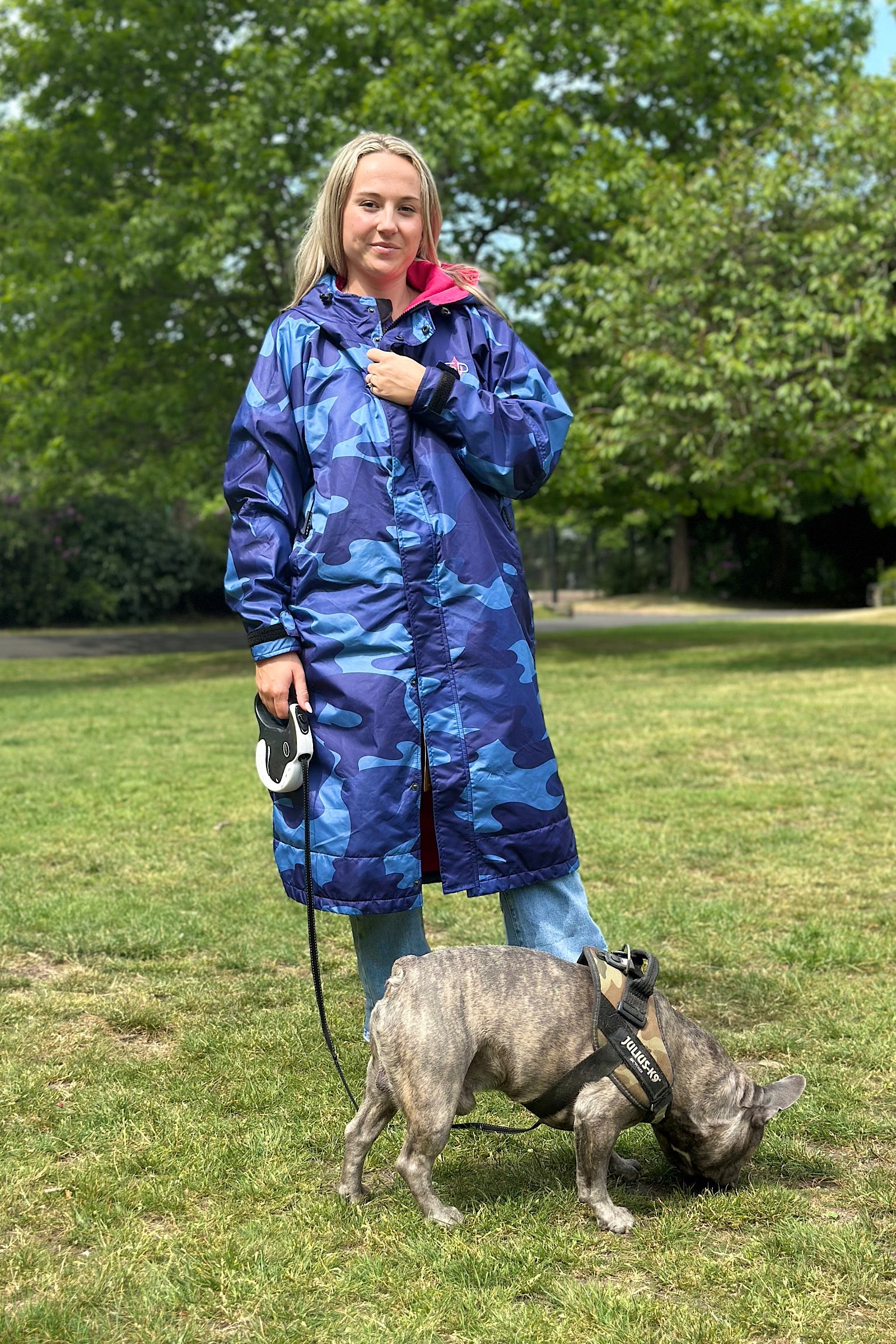 Women's Lightweight Dog walking Coat- Stay Dry Blue Camo-Pink Fleece StayDry Coats