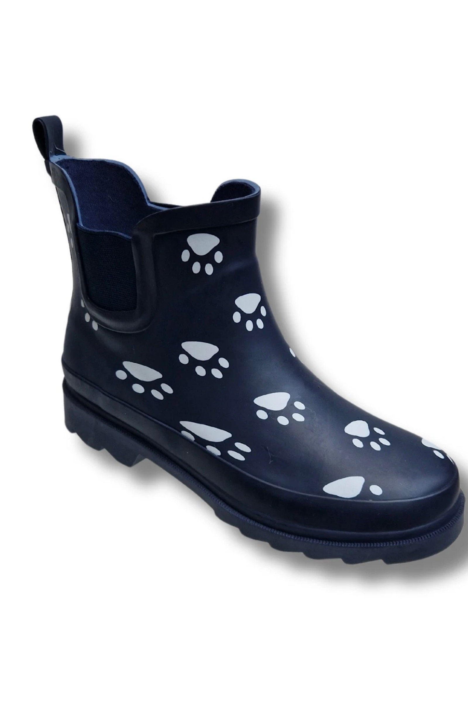Women’s Waterproof Short Chelsea Wellies – Navy Dog Paw Print Stay Dry Coats