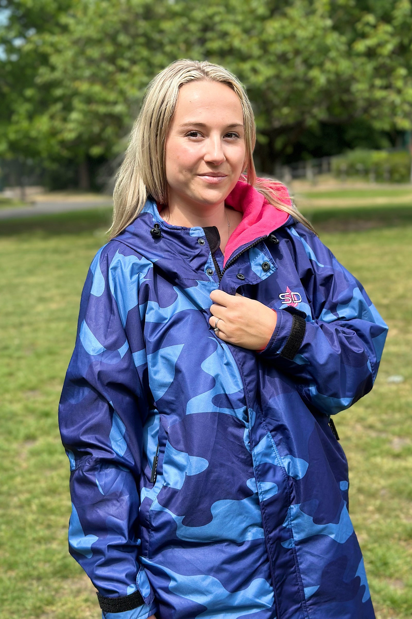 Women's Lightweight Dog walking Coat- Stay Dry Blue Camo-Pink Fleece StayDry Coats