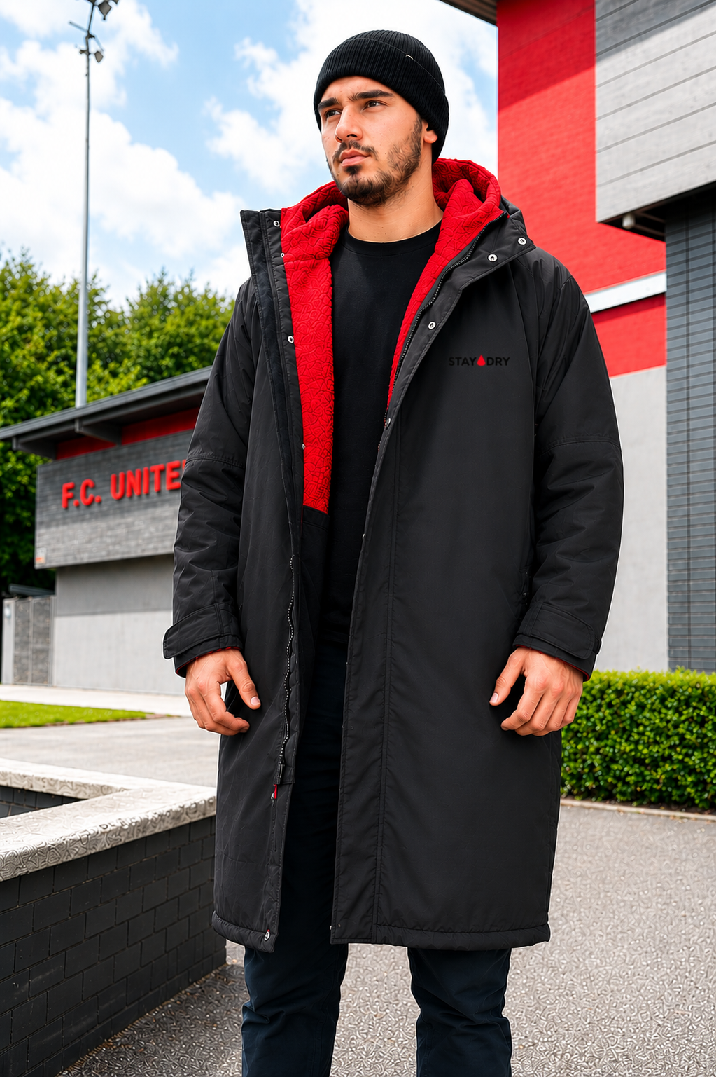 Mens Waterproof Football Coat - Rivalry Match Day, Red Fleece StayDry Coats