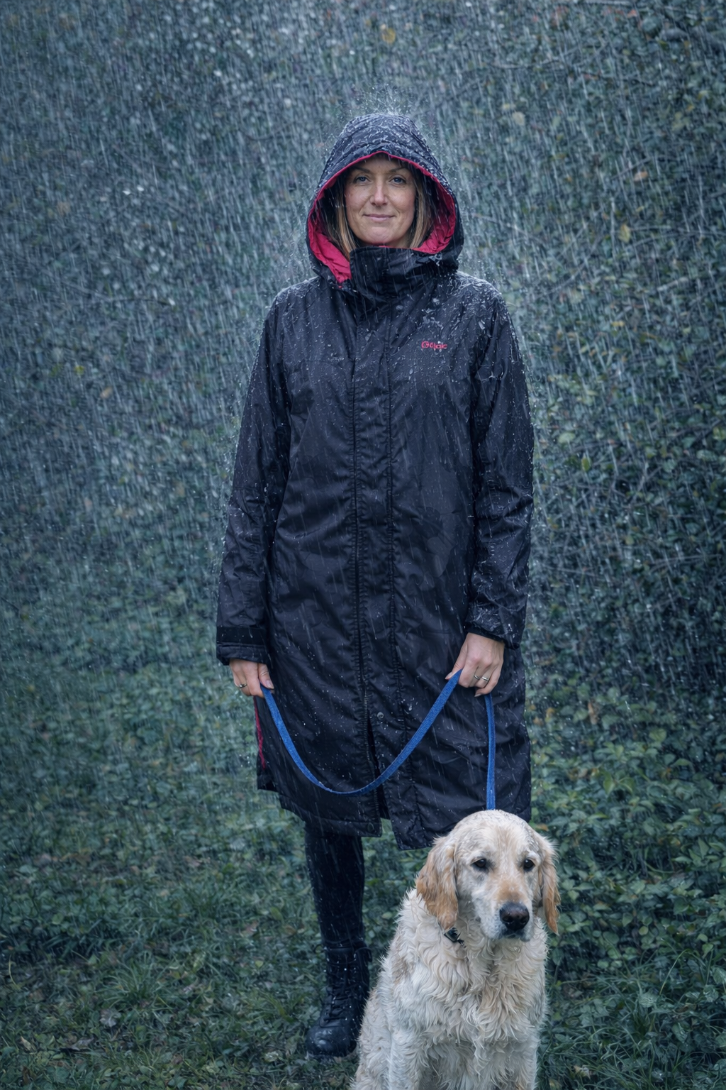 Person wearing a Stay Dry longline raincoat with a hood, standing in the rain with a dog on a leash.