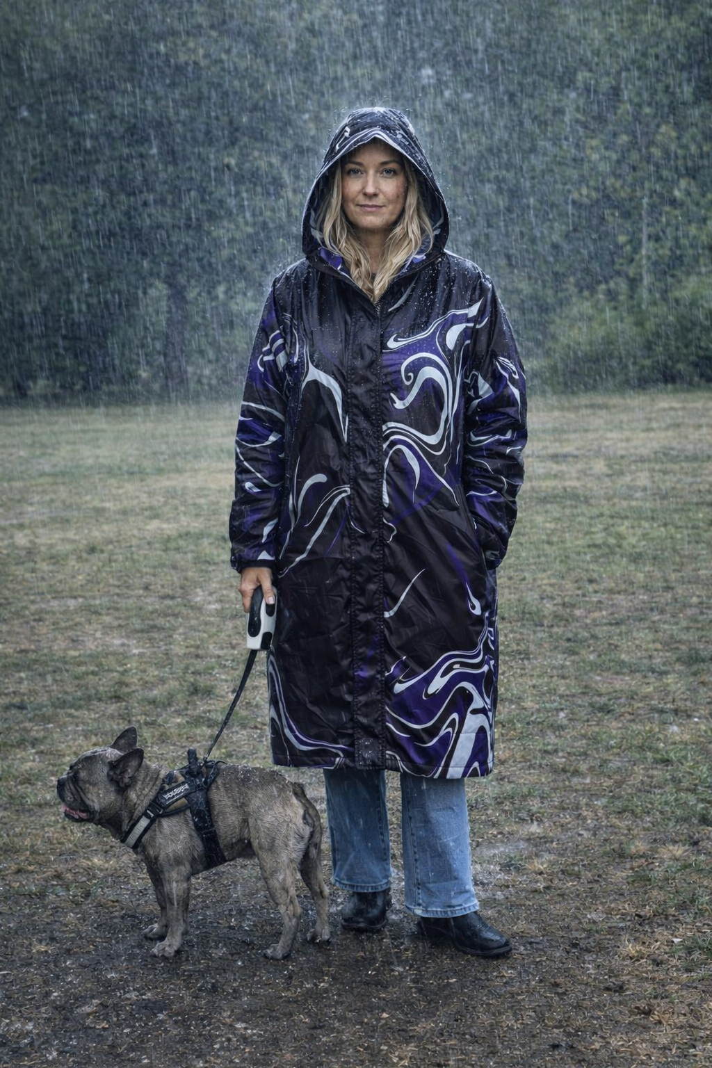 Person walking a dog in the rain wearing a colorful raincoat.