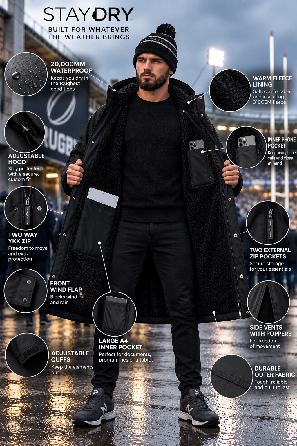 Men's Waterproof Rugby Spectator Coat | Stay Dry Black Stay Dry Coats