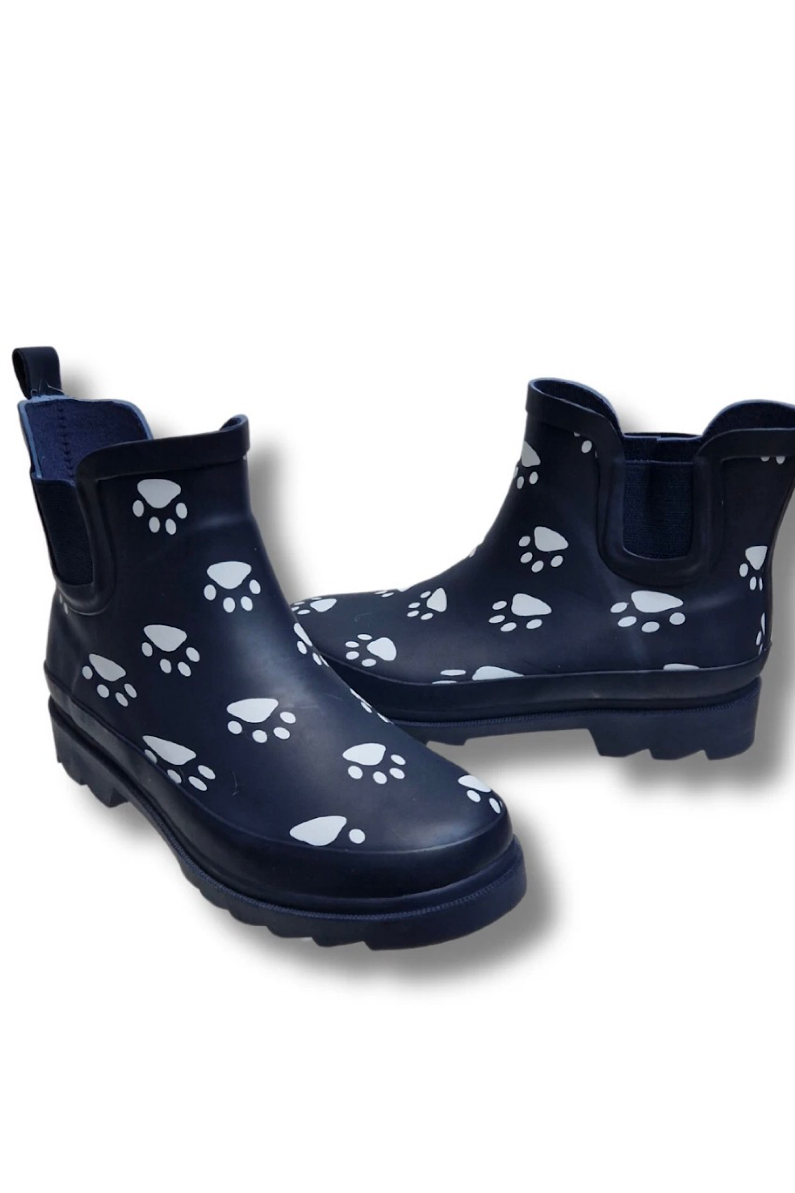 Women’s Waterproof Short Chelsea Wellies – Navy Dog Paw Print Stay Dry Coats