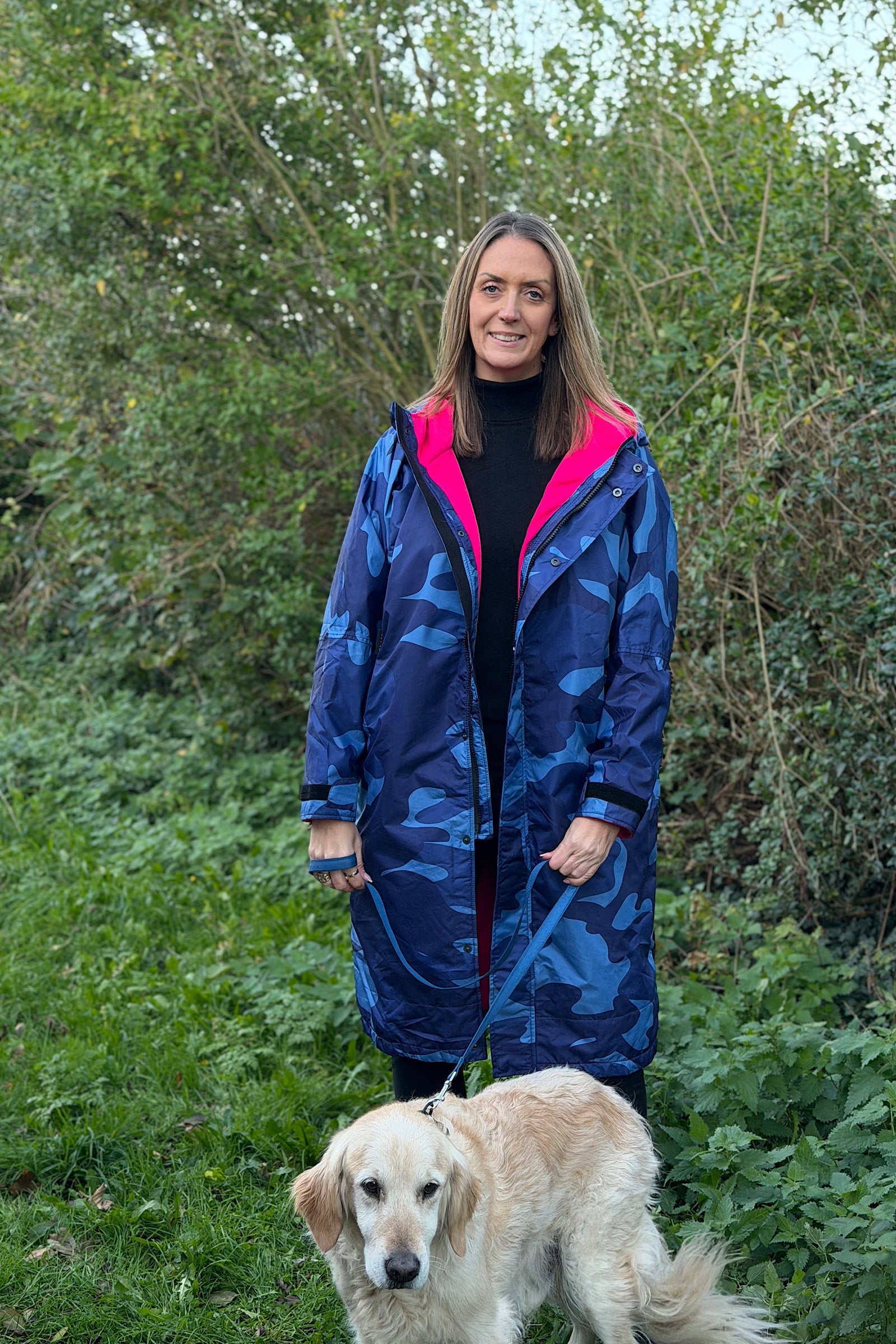 Women's Lightweight Dog walking Coat- Stay Dry Blue Camo-Pink Fleece StayDry Coats