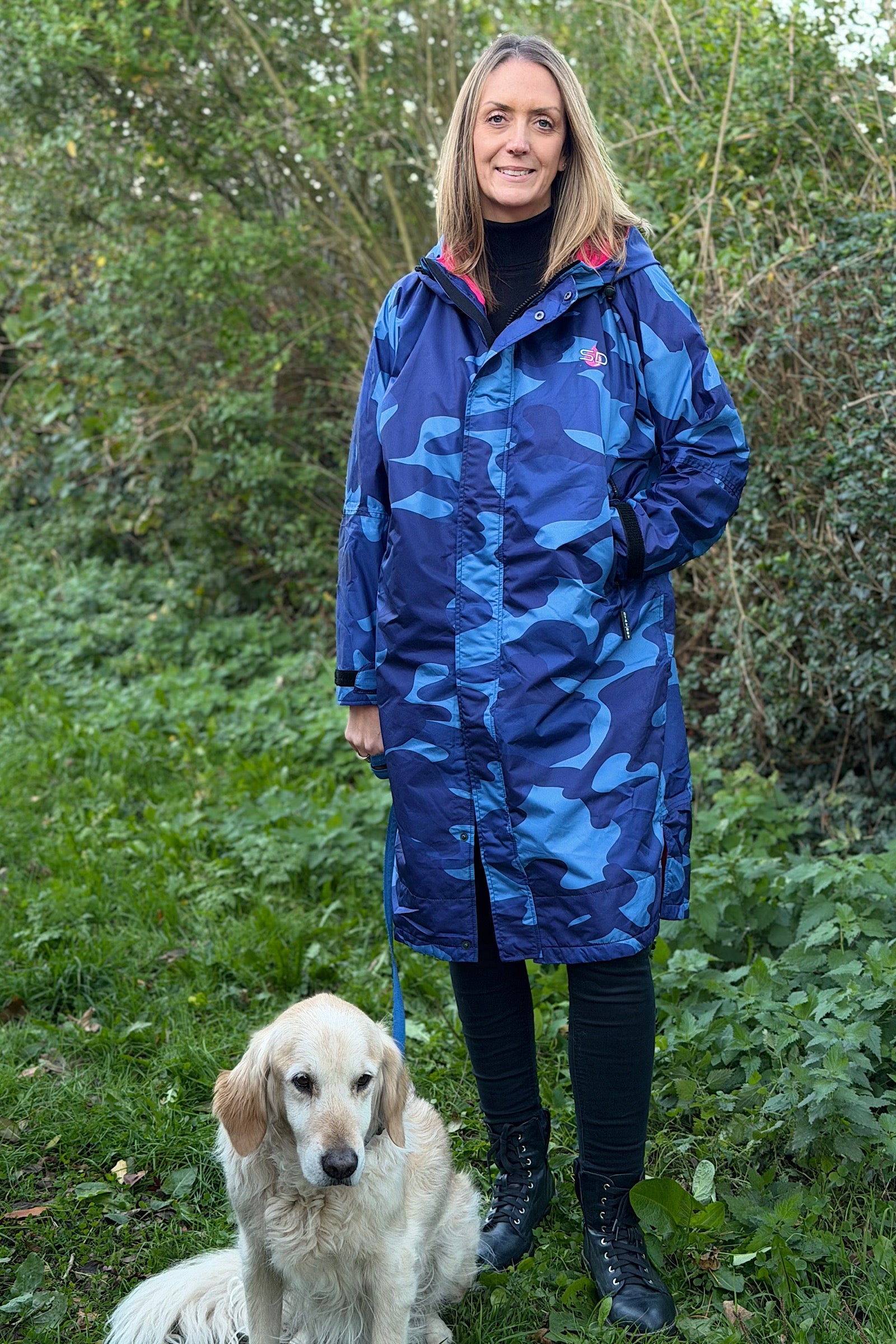 Women's Lightweight Dog walking Coat- Stay Dry Blue Camo-Pink Fleece StayDry Coats