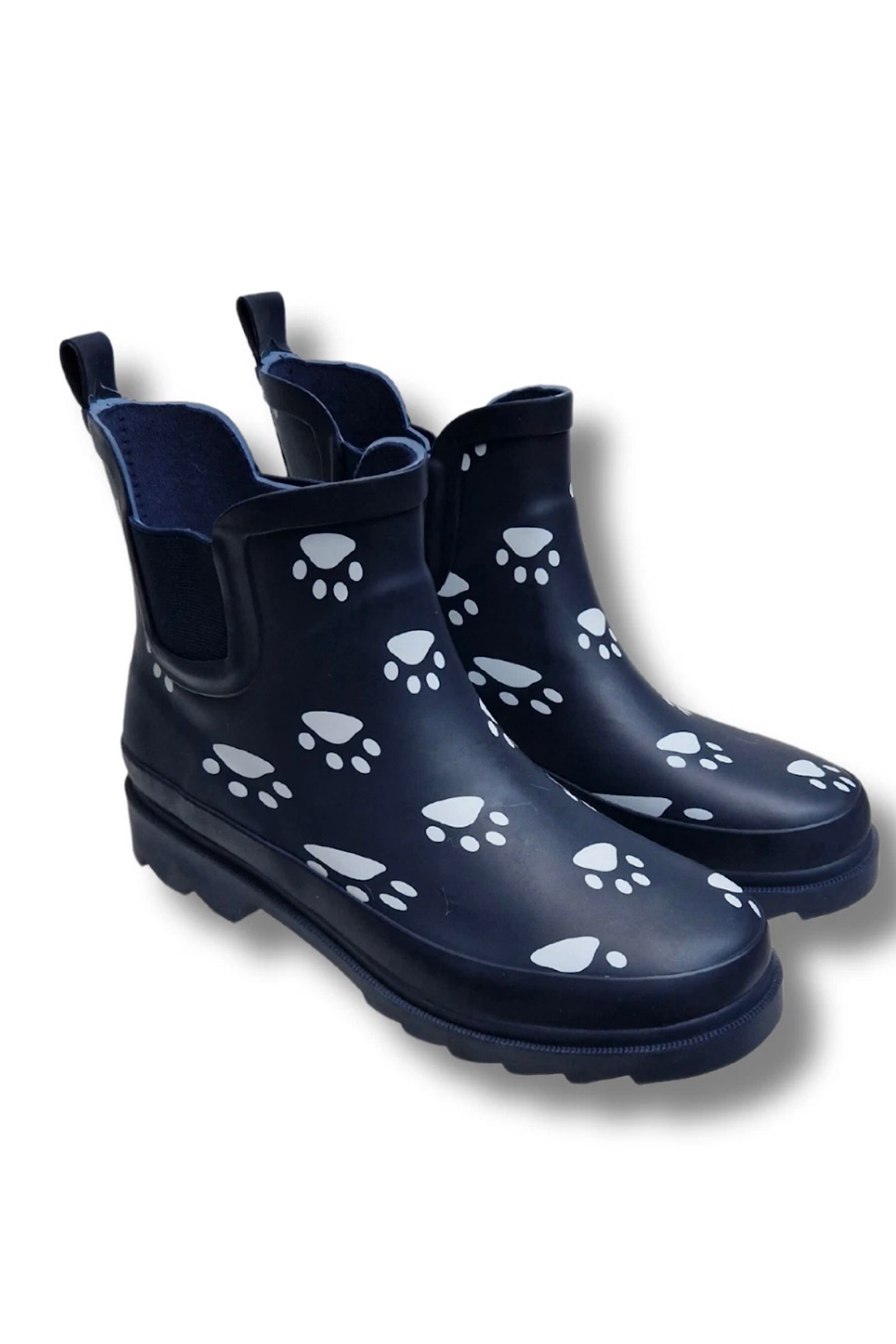 Women’s Waterproof Short Chelsea Wellies – Navy Dog Paw Print Stay Dry Coats