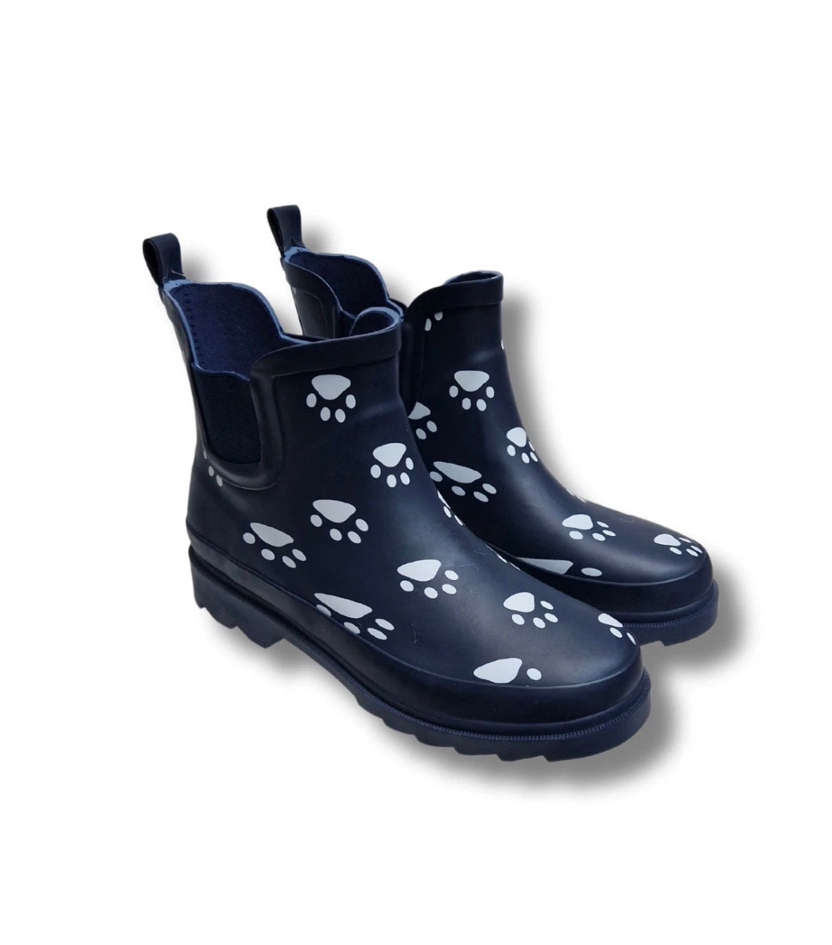 Women’s Waterproof Short Chelsea Wellies – Navy Dog Paw Print Stay Dry Coats