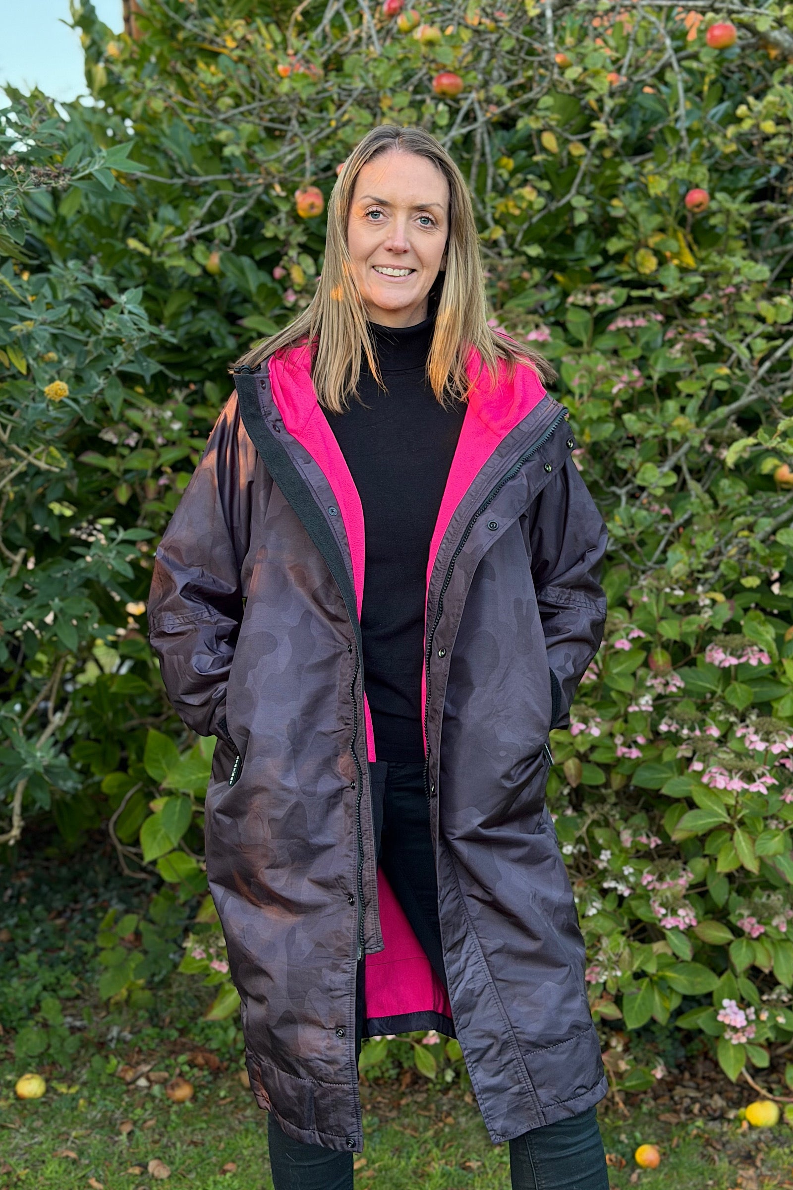 Women's Lightweight Dog walking Coat- Stay Dry Camo Graphite-Pink Fleece Stay Dry Coats