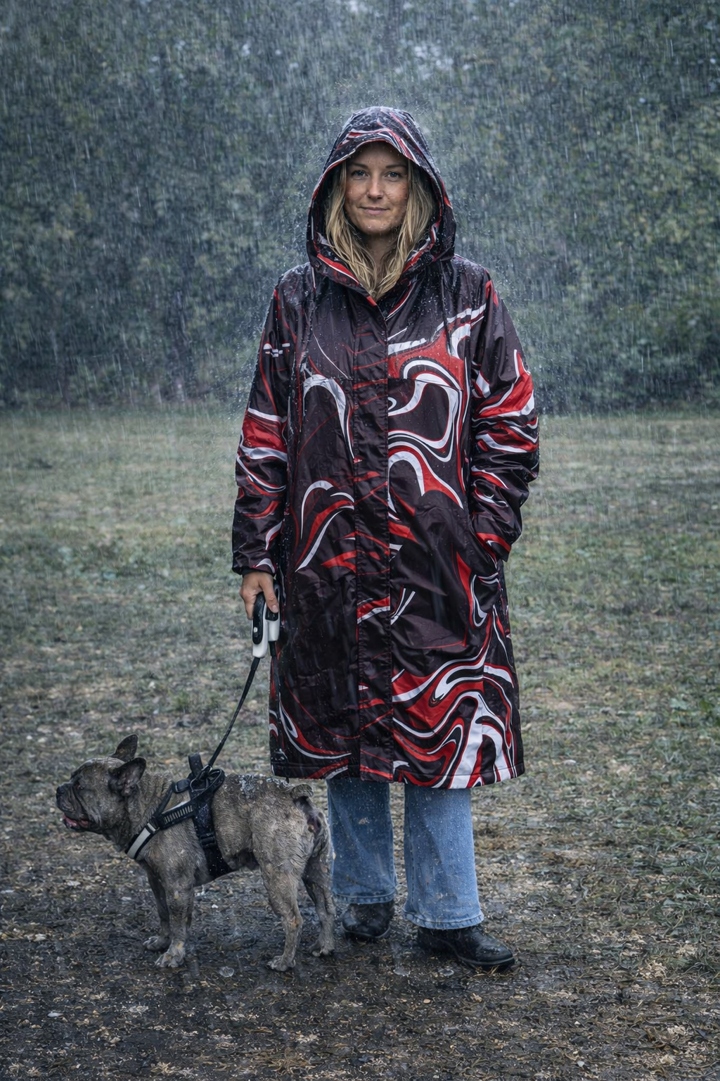Person wearing a large, colorful raincoat walking a dog in the rain.