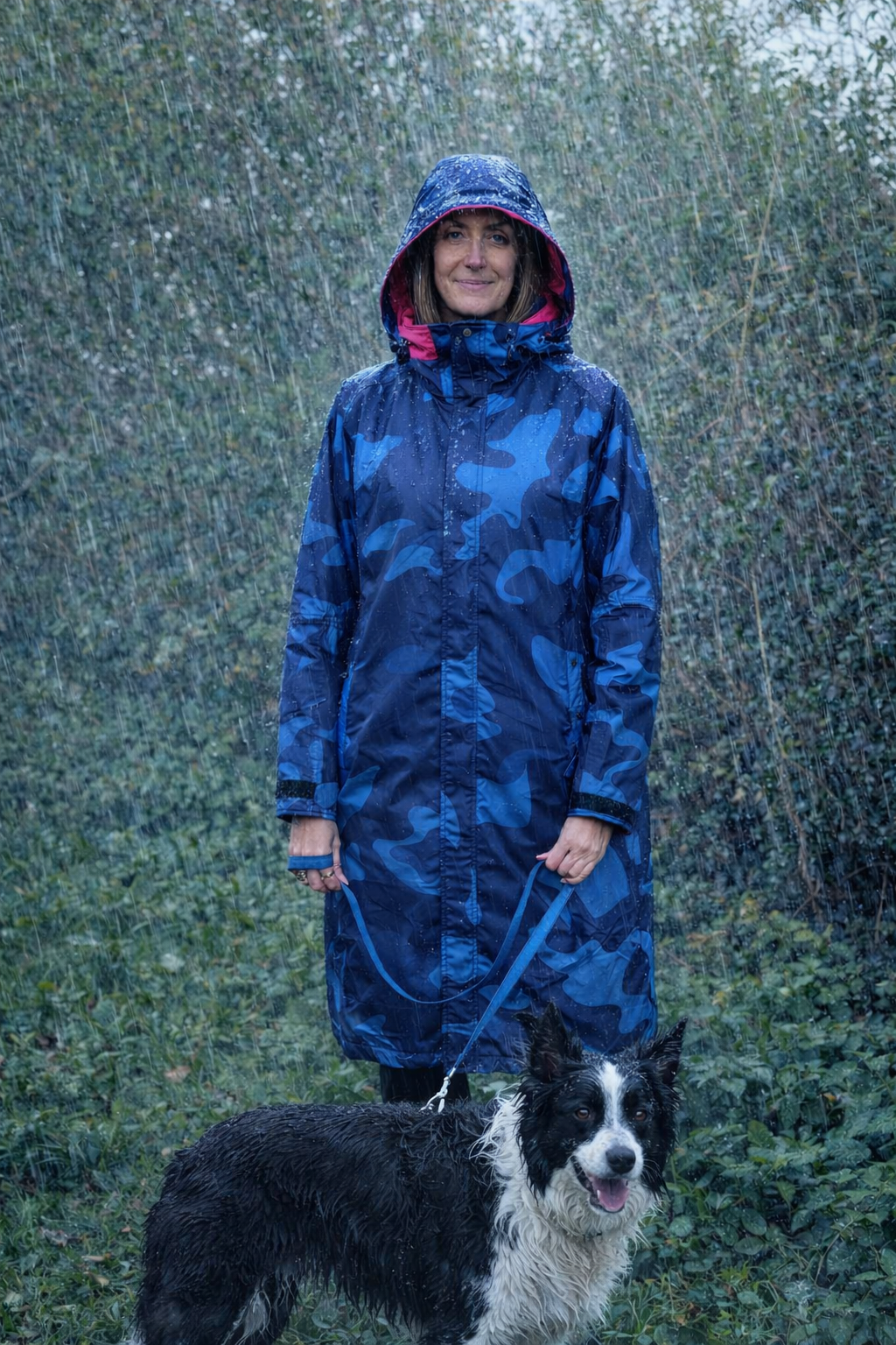 Person wearing a blue camouflage raincoat walking a dog in the rain.