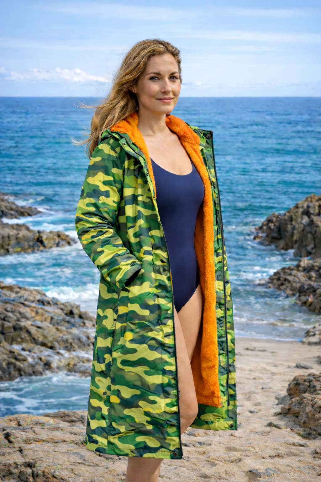 Women's Changing Robe - Stay Dry CamoLite Waterproof Coat Green/Orange
