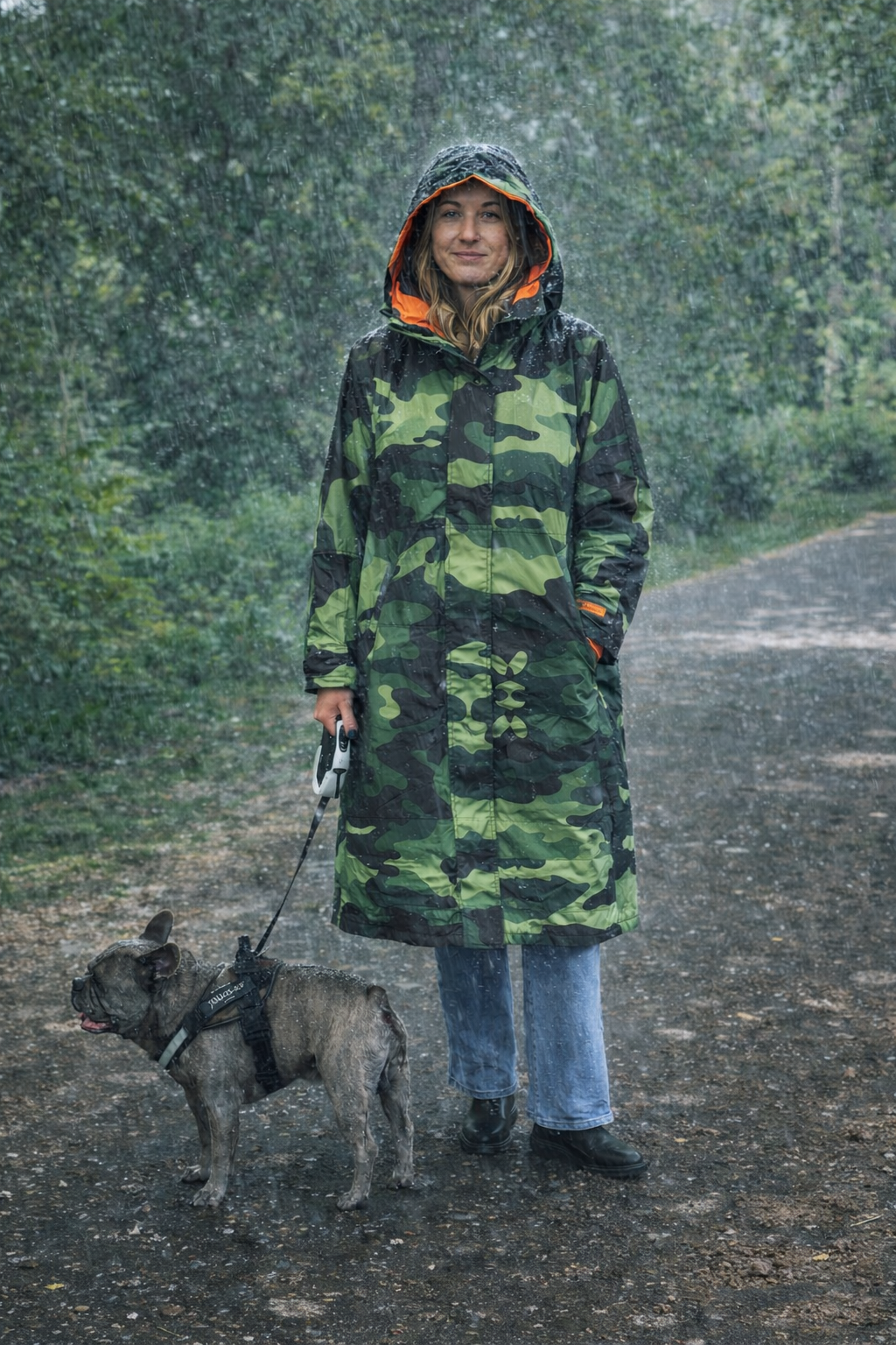 Women’s Waterproof Lightweight Dog Walking Coat | Green Camo & Orange Fleece Stay Dry Coats